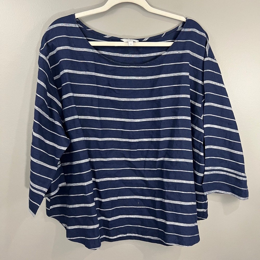 Monsoon Linen Top Women XL Blue Stripe Great 3/4 Sleeve Boxy Scoop Neck Blouse